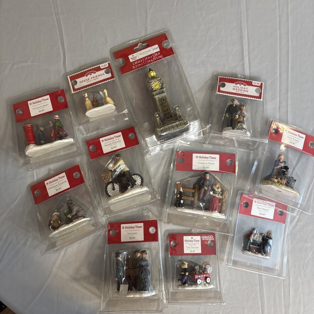 Lot of 11 Holiday Time Small Christmas Village Figurines In Packages Mixed Lot